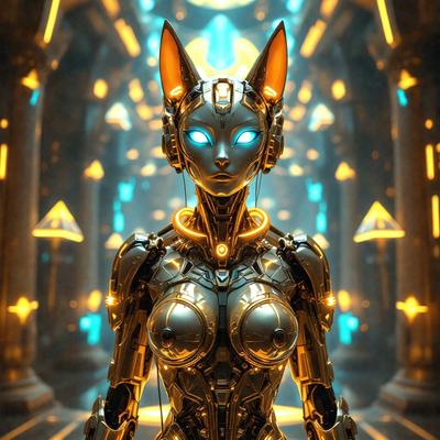 The primary subject of the image is a futuristic robotic woman with a metallic appearance. She is wearing a gold bikini and has a unique, otherworldly look. The setting is a futuristic environment, possibly a space station or a futuristic city. The visual style is a combination of digital art and illustration, creating a striking and imaginative scene. The colors and mood of the image are predominantly gold and metallic, giving the robotic woman a sleek and s